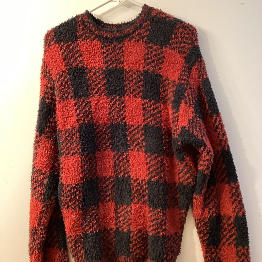SKIMS Cozy Knit Unisex Lounge Sweater Brick Buffalo‎ Check Size S/M Red Black